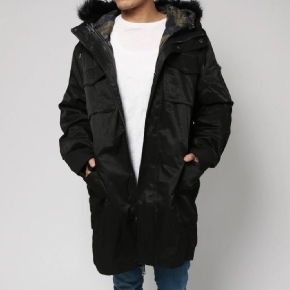 GUESS High Ridge Twill 2 in 1 Hooded Parka Winter Black Multi Camo Men’s Sz XL